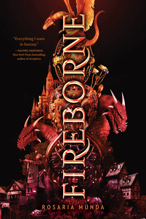 cover of Fireborne: black background with a sort of ombre orangey-red image of houses with dragons rising out of them