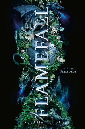 cover of Flamefall: black background with blue and green dragons, plants, and houses on it